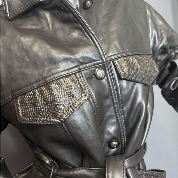 Vintage Black/Brown Leather Tie-Waist Coat - Picture 4 of 9